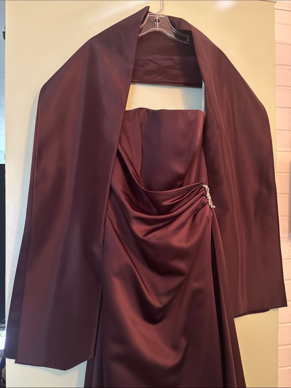 David’s bridal Strapless Burgundy Evening Gown with wrap size 10 - Picture 3 of 5